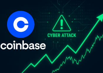 Logo de Coinbase junto a señal de ciberataque y gráfico de acciones proyectando rebote, destacando posible recuperación tras incidente.