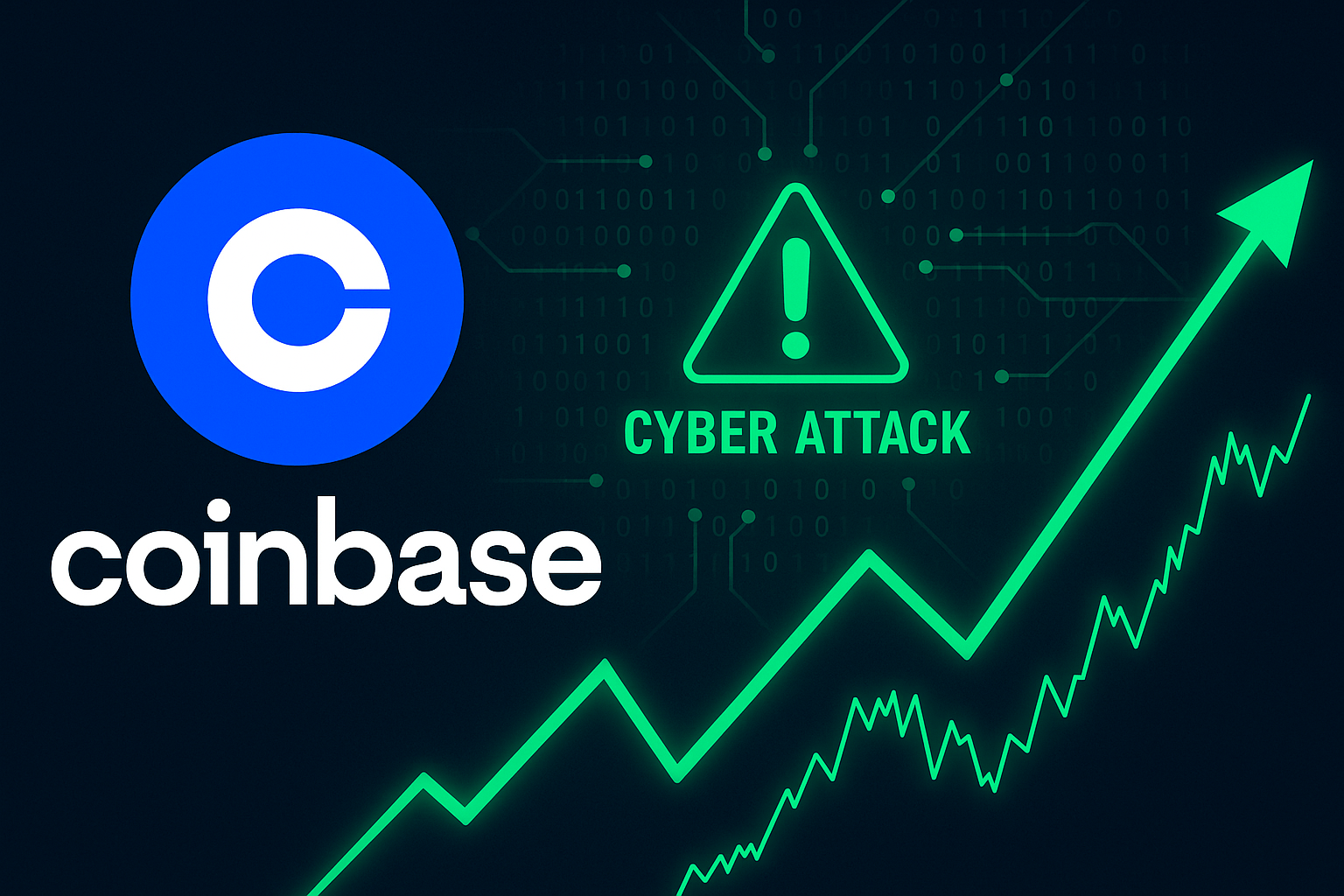 Logo de Coinbase junto a señal de ciberataque y gráfico de acciones proyectando rebote, destacando posible recuperación tras incidente.