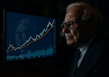 Warren Buffett observa en silencio un gráfico financiero ascendente en su oficina, mientras evalúa inversiones bajo confidencialidad.