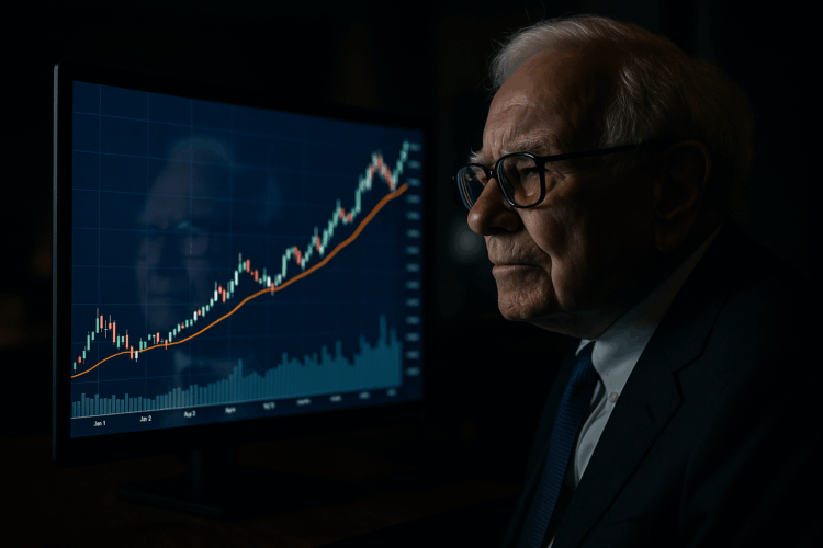 Warren Buffett observa en silencio un gráfico financiero ascendente en su oficina, mientras evalúa inversiones bajo confidencialidad.