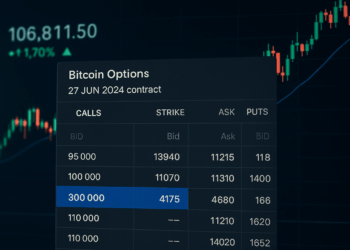 Panel de trading destaca opción de Bitcoin con strike de 300.000 dólares junto a gráfico ascendente.