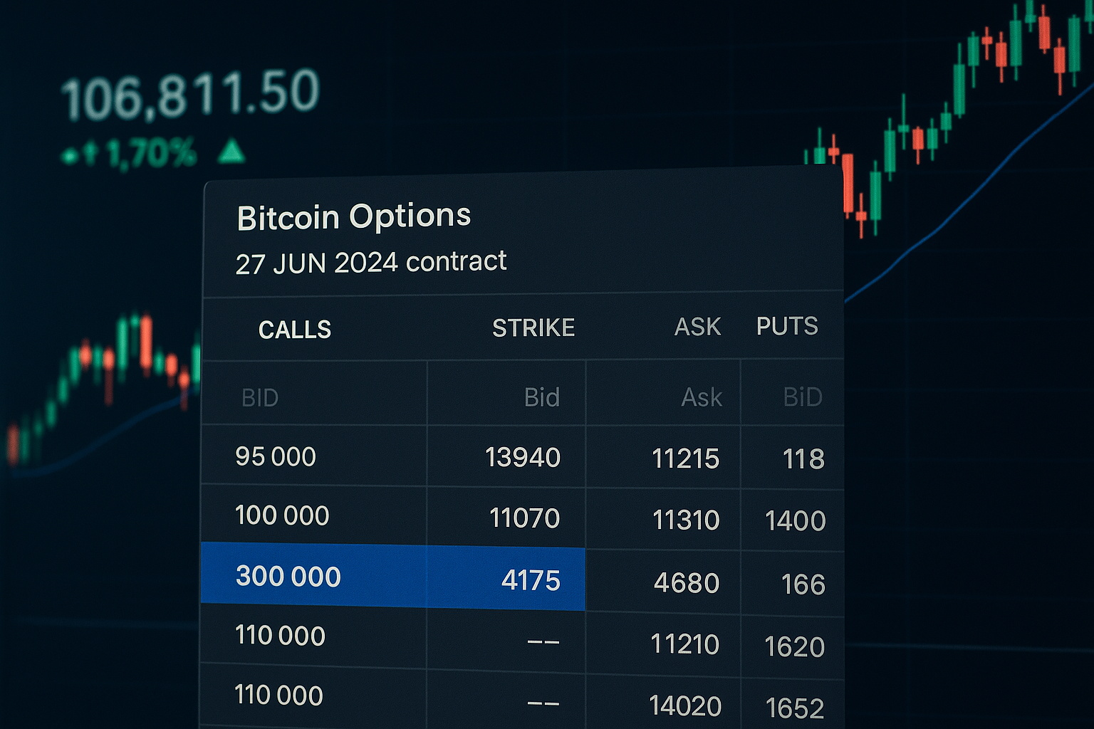 Panel de trading destaca opción de Bitcoin con strike de 300.000 dólares junto a gráfico ascendente.