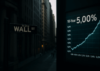Vista de Wall Street con gráfico que muestra el rendimiento de bonos al 5%, destacando el impacto del déficit.