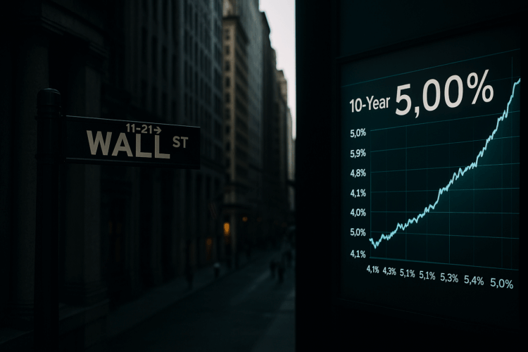 Vista de Wall Street con gráfico que muestra el rendimiento de bonos al 5%, destacando el impacto del déficit.