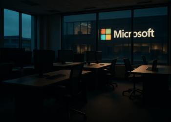 Una oficina moderna de Microsoft vacía durante el atardecer, con escritorios ordenados, pantallas apagadas y luz natural entrando por amplias ventanas, simbolizando los recortes de personal anunciados por la empresa.