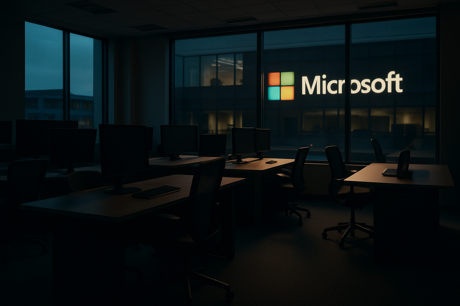 Una oficina moderna de Microsoft vacía durante el atardecer, con escritorios ordenados, pantallas apagadas y luz natural entrando por amplias ventanas, simbolizando los recortes de personal anunciados por la empresa.