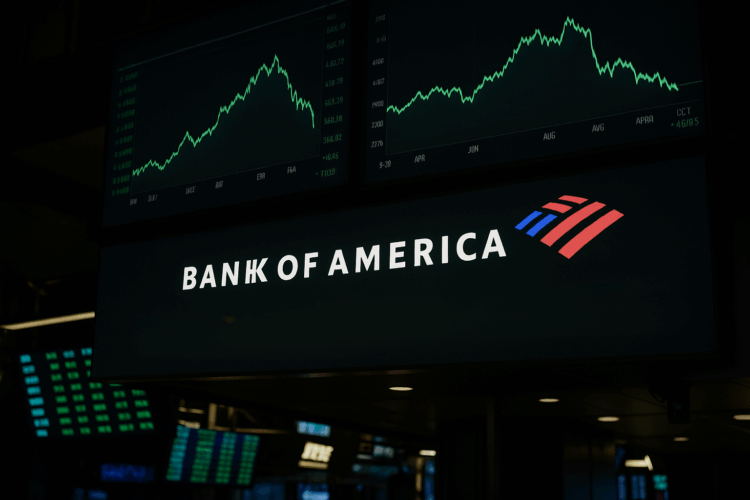 Pantalla financiera muestra logo de Bank of America y mensaje “Trade Deal Euphoria to Cool” con gráficos bursátiles cayendo