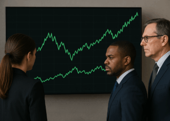 Tres analistas observan pantallas bursátiles con líneas verdes ascendentes en entorno neutro