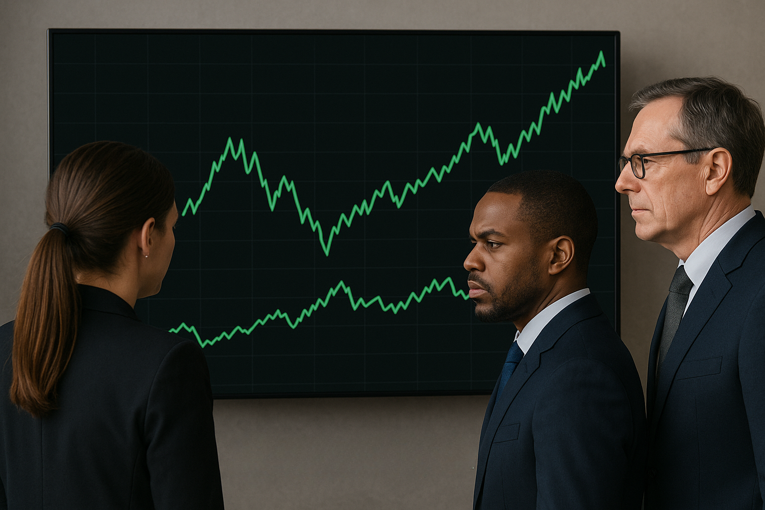 Tres analistas observan pantallas bursátiles con líneas verdes ascendentes en entorno neutro