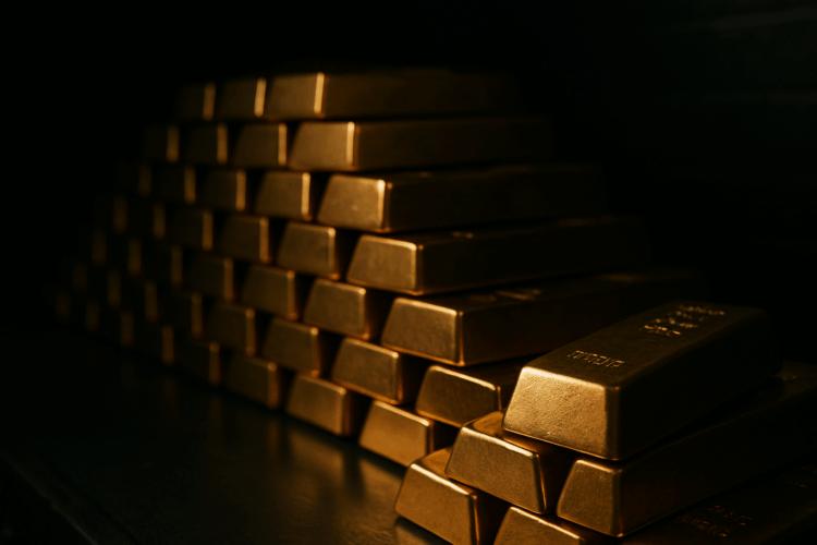 Lingotes de oro apilados en una bóveda oscura con luz suave resaltando el brillo frontal